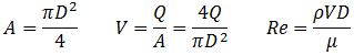 Area, velocity, Reynolds number for pressure drop derivation